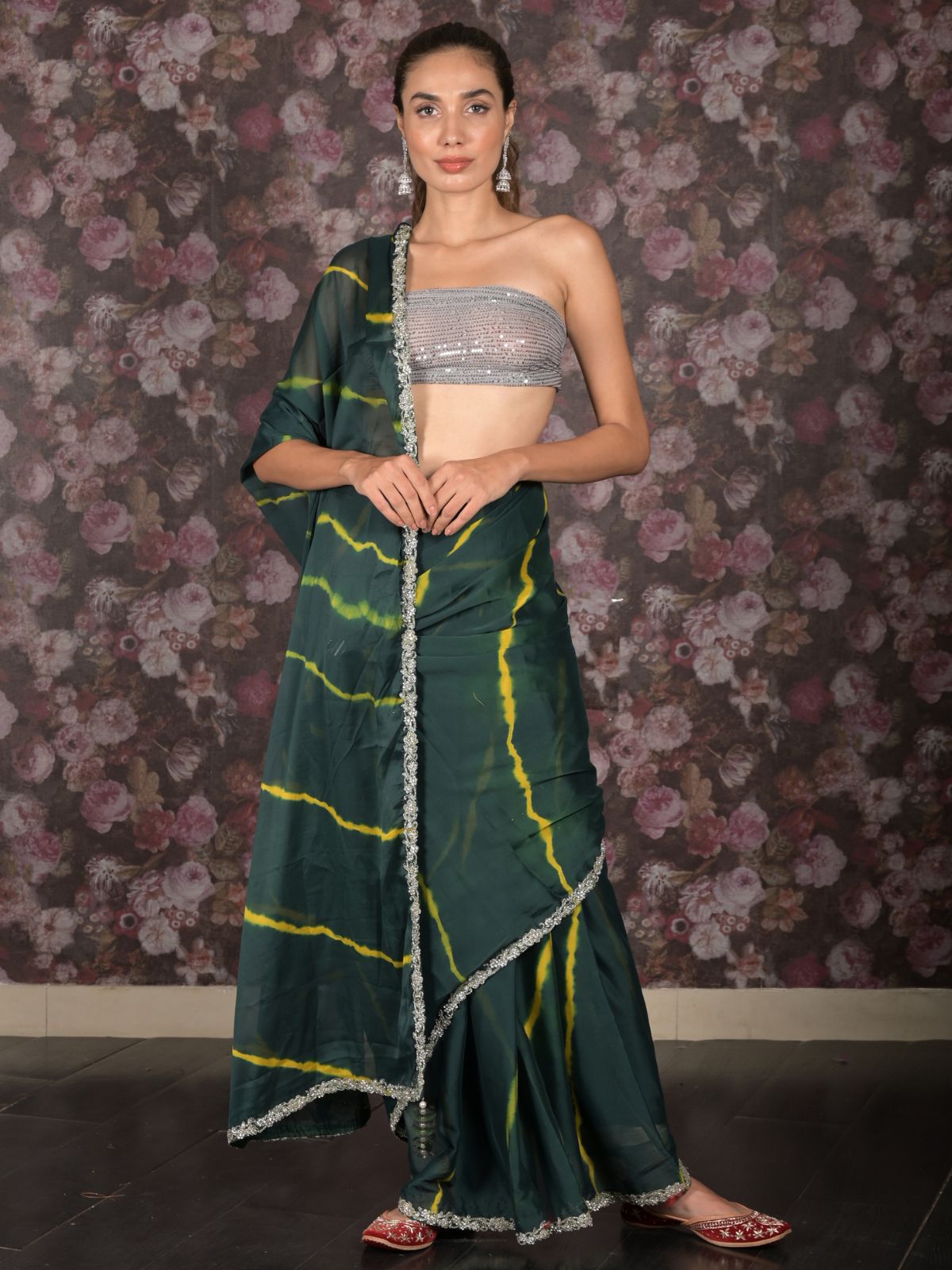 Odette Dark Green Georgette Printed Saree Without Blouse For Women