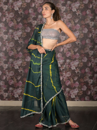 Odette Dark Green Georgette Printed Saree Without Blouse For Women