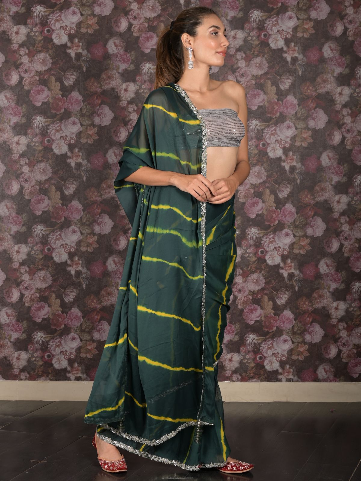 Odette Dark Green Georgette Printed Saree Without Blouse For Women