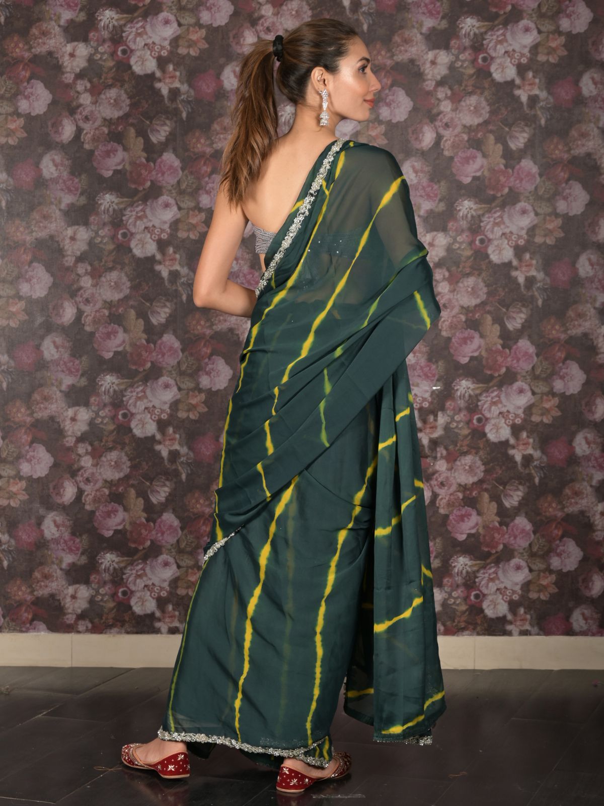 Odette Dark Green Georgette Printed Saree Without Blouse For Women