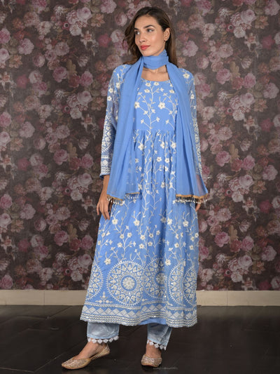 Odette Blue Sequins Embroidered Stitched Flared Georgette Kurta Set for Women