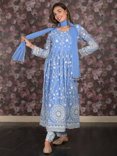 Odette Blue Sequins Embroidered Stitched Flared Georgette Kurta Set for Women