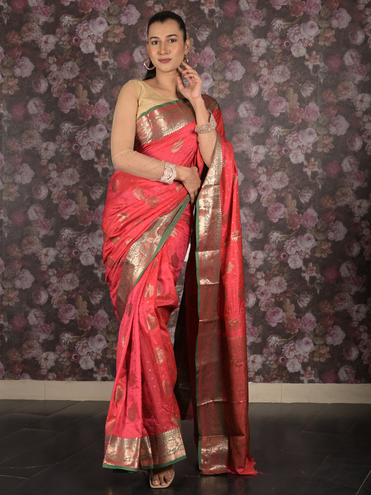 Odette Pink Tissue Silk Woven Saree with Unstitched Blouse for Women