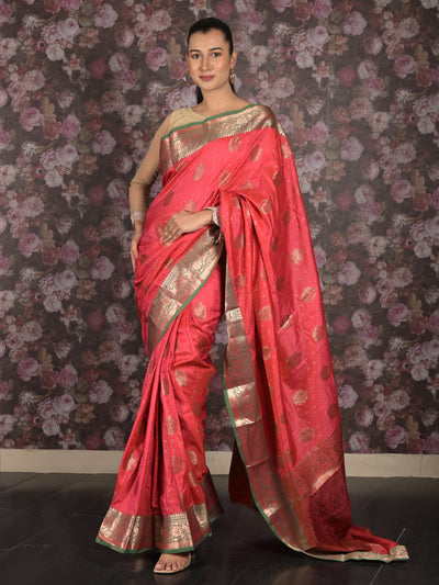 Odette Pink Tissue Silk Woven Saree with Unstitched Blouse for Women