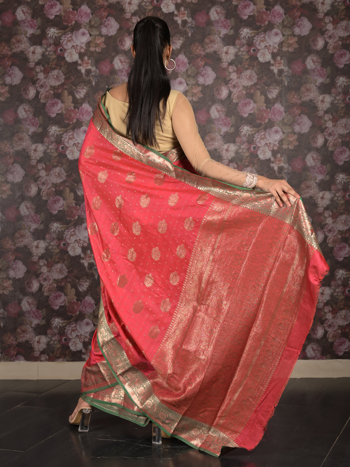 Odette Pink Tissue Silk Woven Saree with Unstitched Blouse for Women