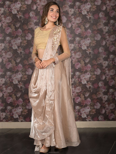 Odette Golden Organza Embellished Ready-To-Wear Saree With Stitched Blouse For Women