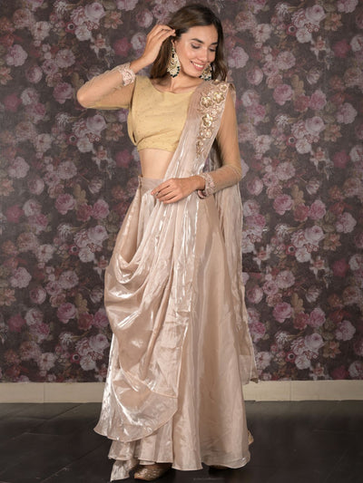 Odette Golden Organza Embellished Ready-To-Wear Saree With Stitched Blouse For Women