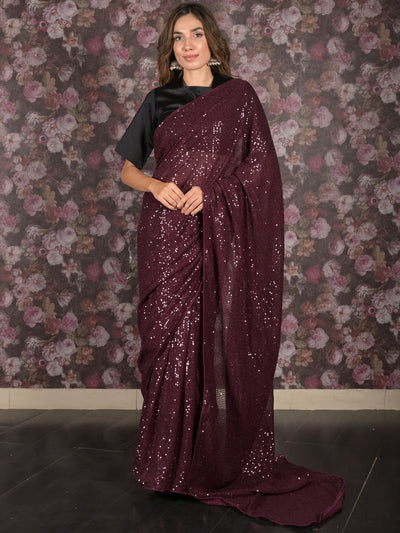 Odette Purple Sequin Embroidered Net Saree With Unstitched Blouse For Women