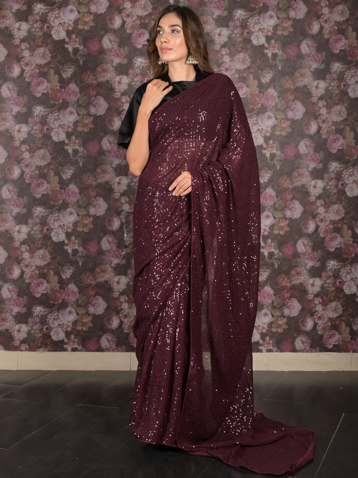 Odette Purple Sequin Embroidered Net Saree With Unstitched Blouse For Women