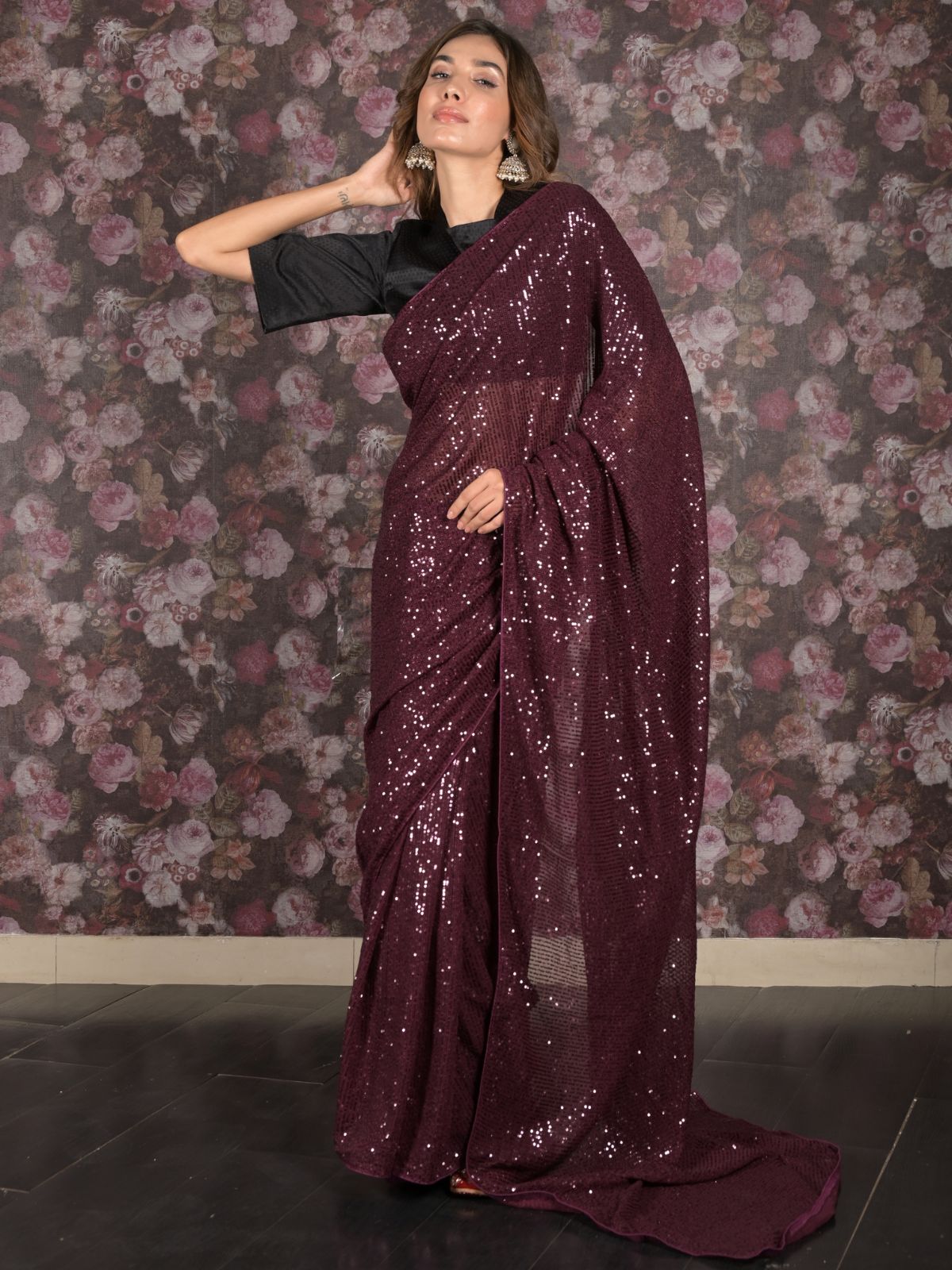 Odette Purple Sequin Embroidered Net Saree With Unstitched Blouse For Women