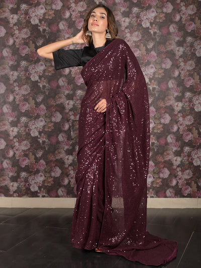 Odette Purple Sequin Embroidered Net Saree With Unstitched Blouse For Women