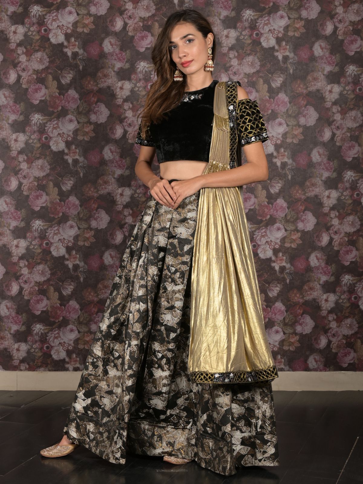 Odette Black Woven Semi Stitched Lehenga Set With Dupatta And Stitched Blouse For Women