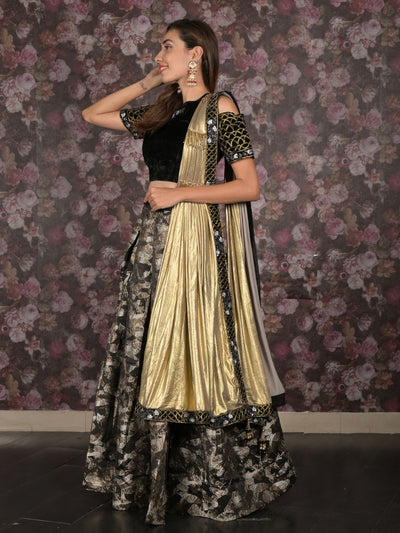 Odette Black Woven Semi Stitched Lehenga Set With Dupatta And Stitched Blouse For Women