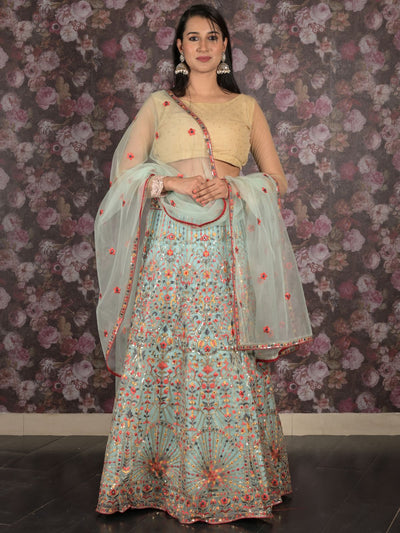 Odette Light Blue Embroidered Semi Stitched Net Lehenga Set With Dupatta And Unstitched Blouse For Women