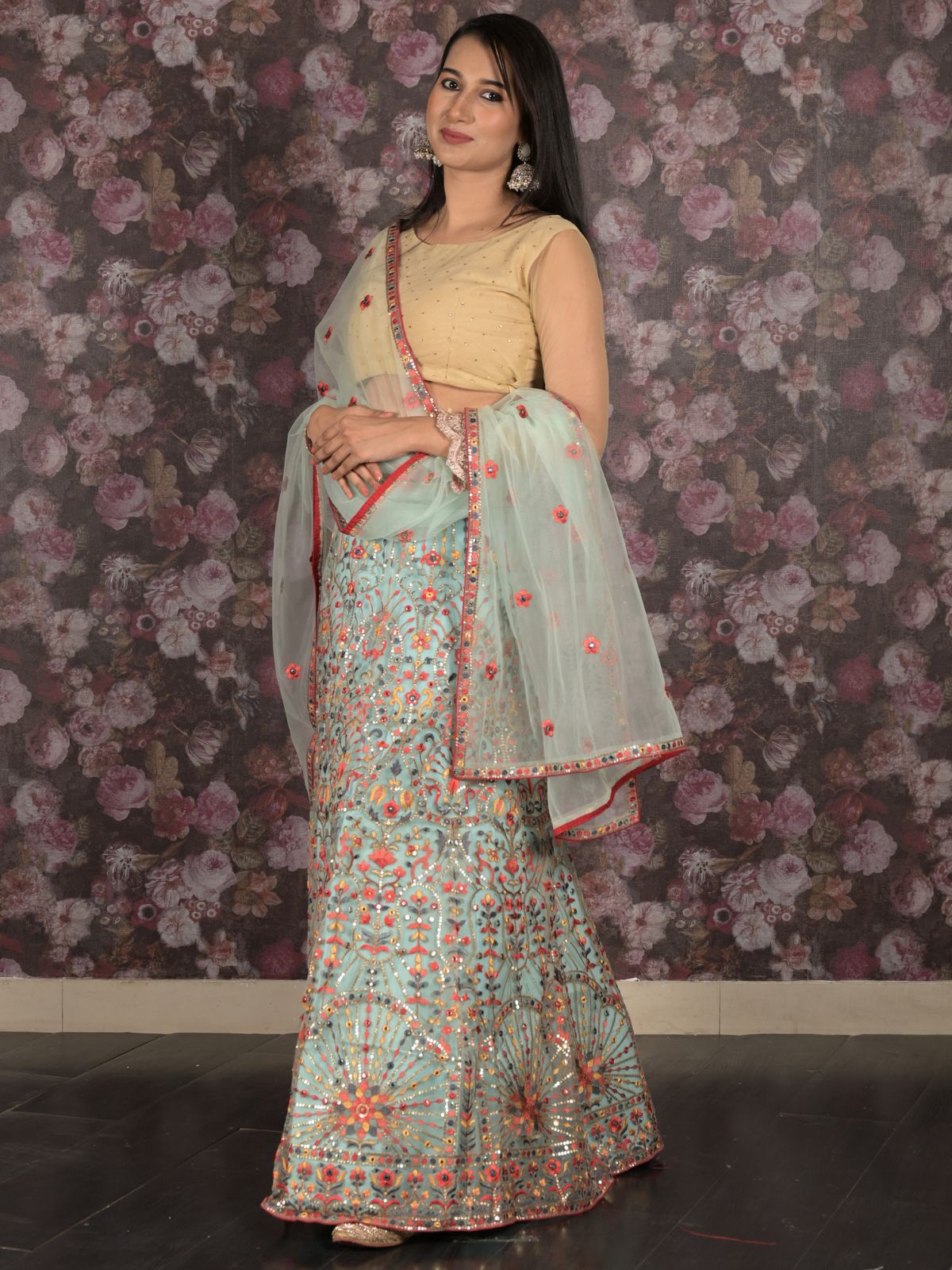 Odette Light Blue Embroidered Semi Stitched Net Lehenga Set With Dupatta And Unstitched Blouse For Women