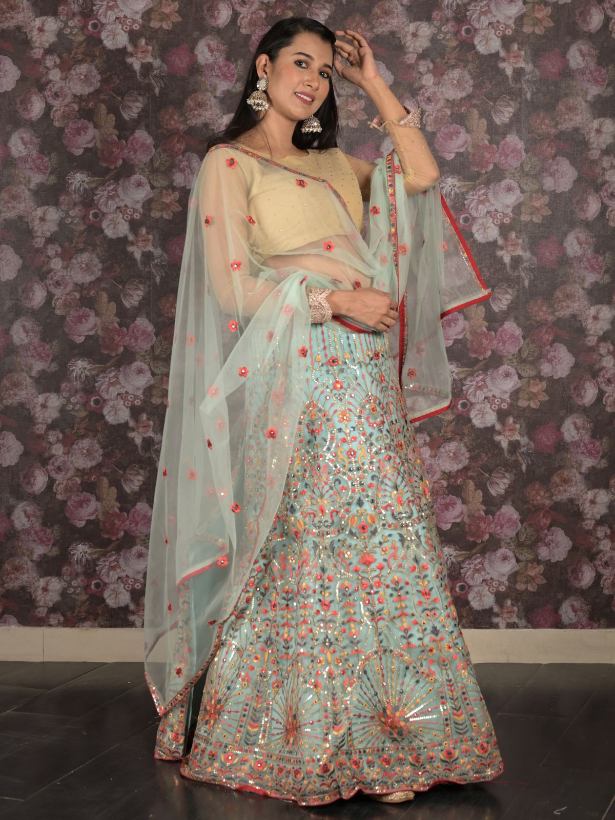 Odette Light Blue Embroidered Semi Stitched Net Lehenga Set With Dupatta And Unstitched Blouse For Women