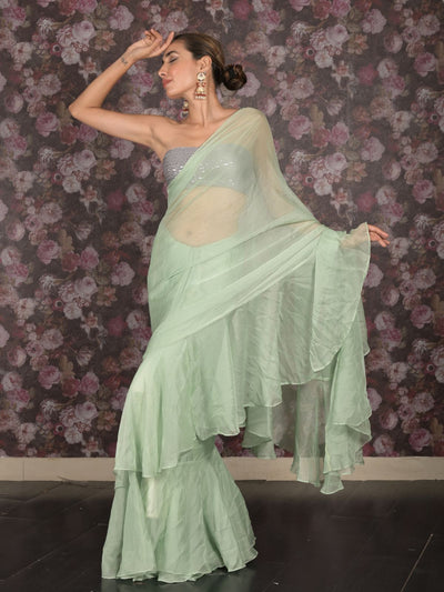 Odette Light Green Crepe Ruffles Saree with Unstitched Blouse for Women