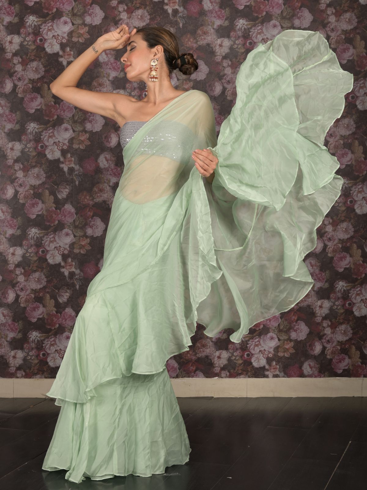 Odette Light Green Crepe Ruffles Saree with Unstitched Blouse for Women