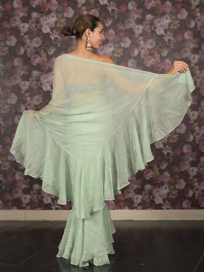 Odette Light Green Crepe Ruffles Saree with Unstitched Blouse for Women