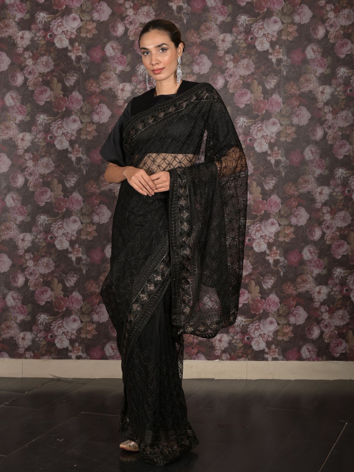 Odette Black Net Embroidered Saree with Unstitched Blouse for Women