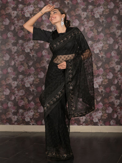 Odette Black Net Embroidered Saree with Unstitched Blouse for Women