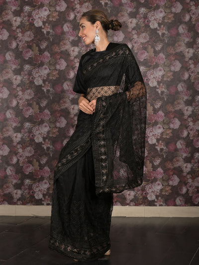 Odette Black Net Embroidered Saree with Unstitched Blouse for Women