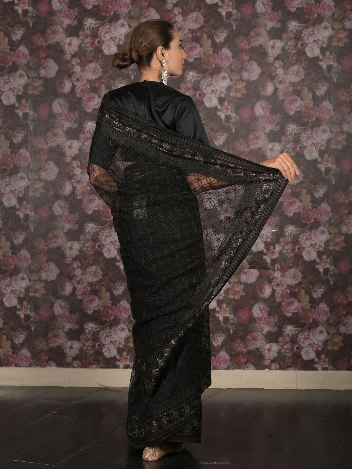 Odette Black Net Embroidered Saree with Unstitched Blouse for Women