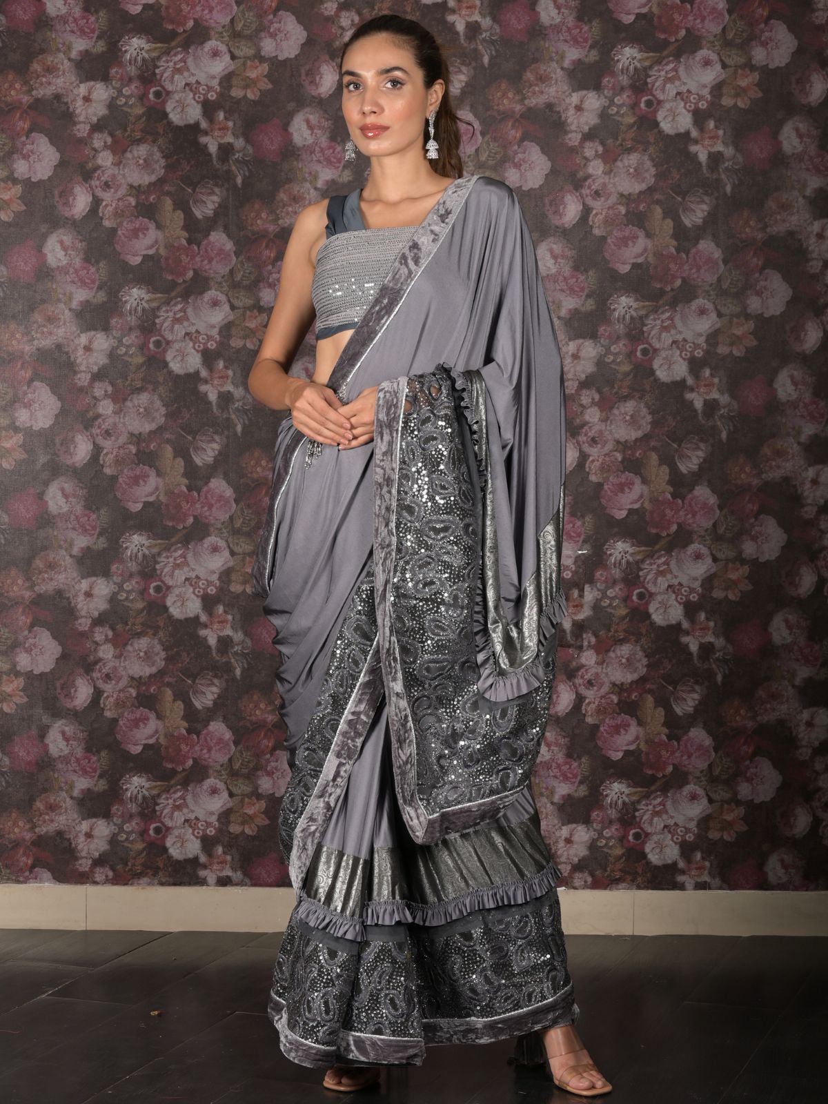 Odette Grey Embellished Lycra Saree With Unstitched Blouse For Women