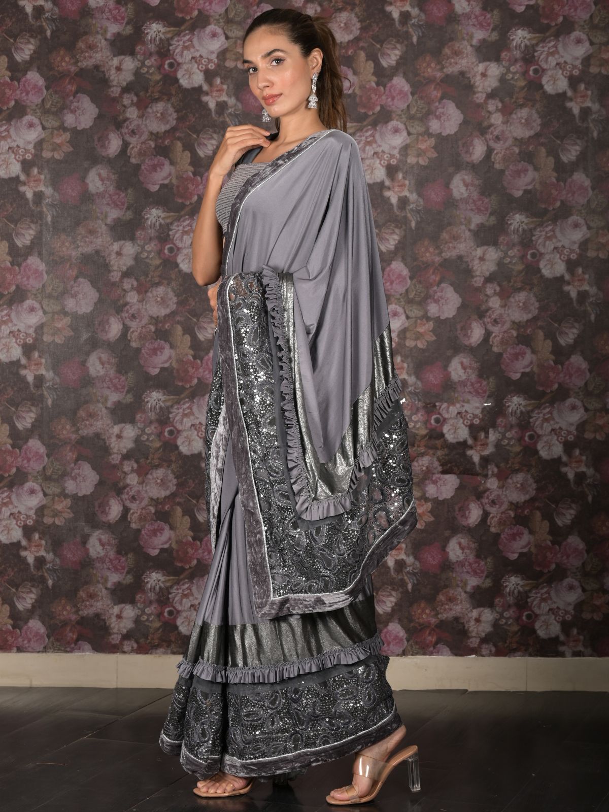 Odette Grey Embellished Lycra Saree With Unstitched Blouse For Women