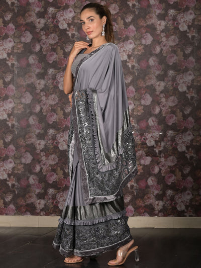 Odette Grey Embellished Lycra Saree With Unstitched Blouse For Women