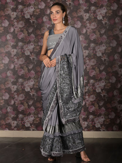 Odette Grey Embellished Lycra Saree With Unstitched Blouse For Women