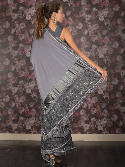 Odette Grey Embellished Lycra Saree With Unstitched Blouse For Women