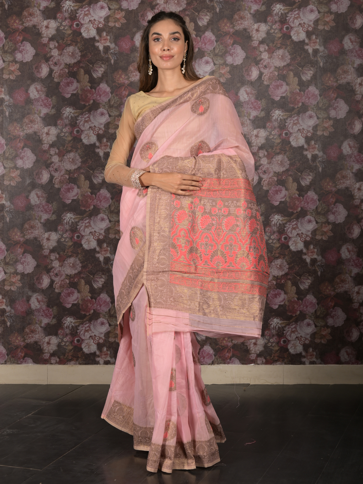 Odette Light Pink Cotton Blend Woven Saree with Unstitched Blouse for Women