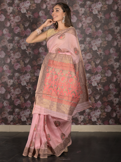 Odette Light Pink Cotton Blend Woven Saree with Unstitched Blouse for Women