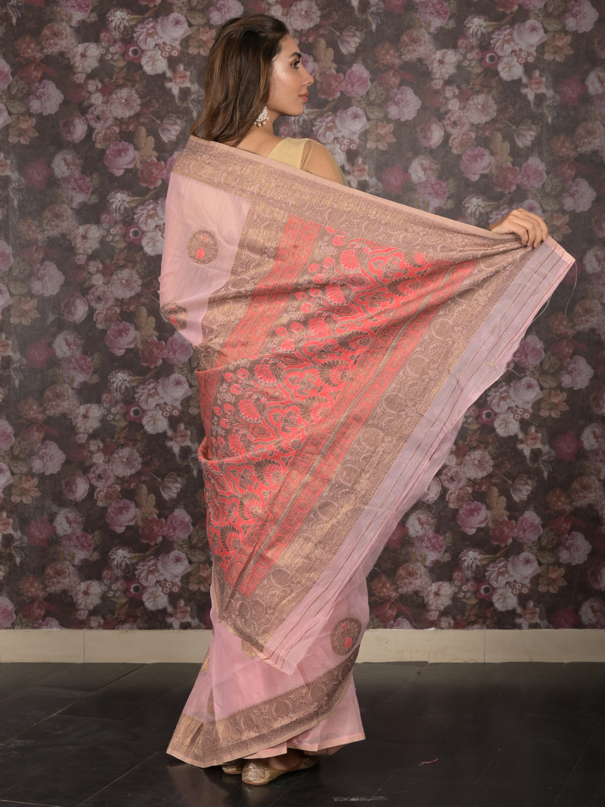 Odette Light Pink Cotton Blend Woven Saree with Unstitched Blouse for Women