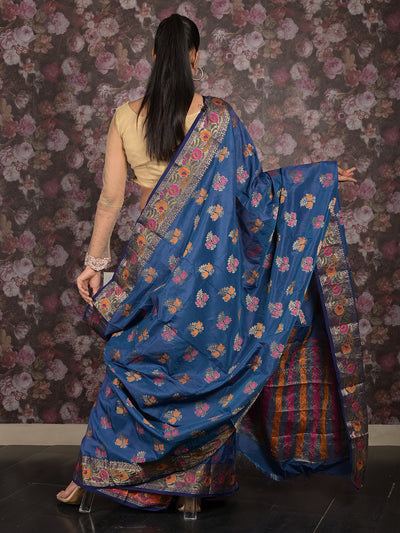 Odette Dark Blue Woven Silk Blend Saree With Unstitched Blouse For Women