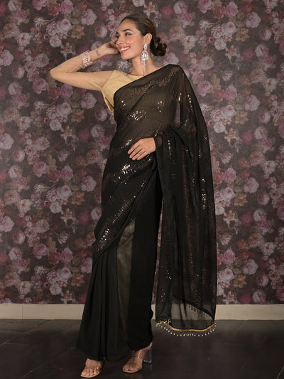 Odette Black and Gold Sequins Embroidered Georgette Saree with Unstitched Blouse for Women