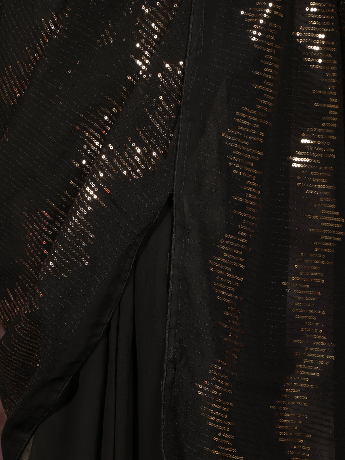 Odette Black and Gold Sequins Embroidered Georgette Saree with Unstitched Blouse for Women