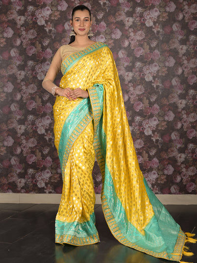 Odette Yellow Banarasi Silk Embroidered Woven Saree with Unstitched Blouse for Women