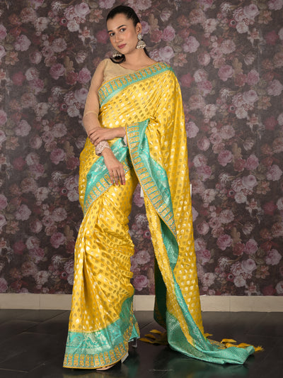 Odette Yellow Banarasi Silk Embroidered Woven Saree with Unstitched Blouse for Women