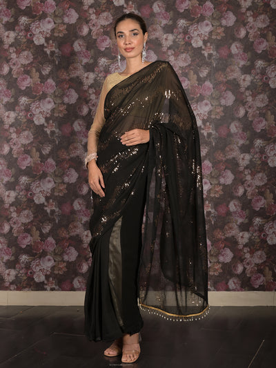 Odette Black Woven Chiffon Saree Without Blouse for Women