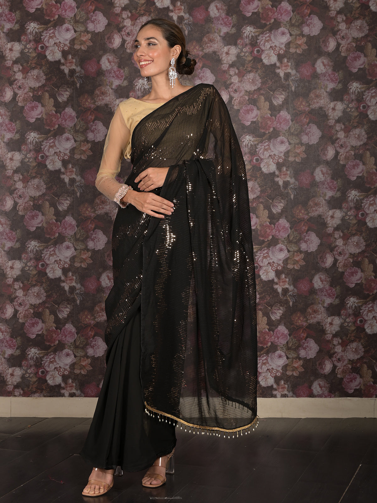 Odette Black Woven Chiffon Saree Without Blouse for Women