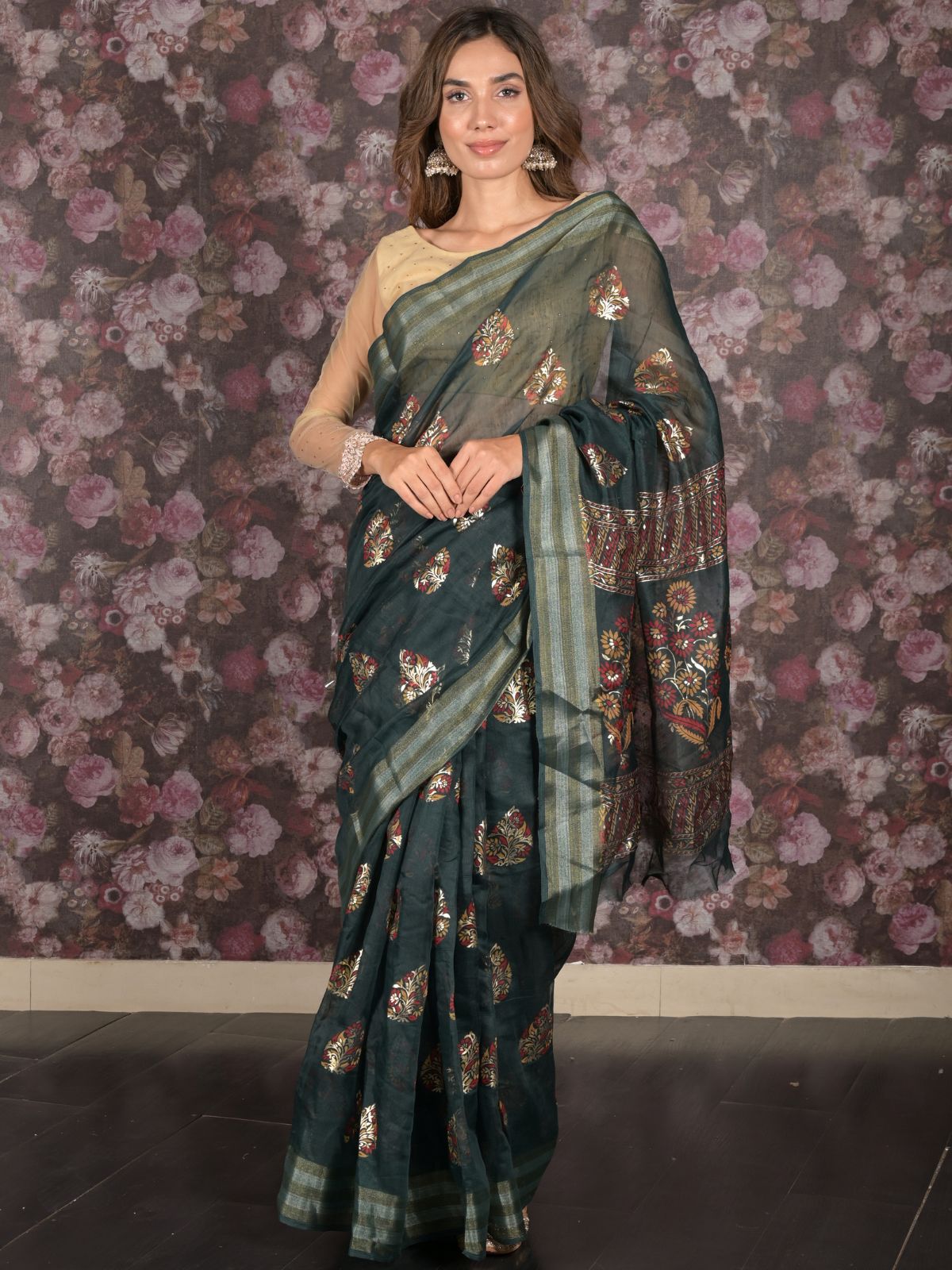 Odette Dark Green Block Printed Cotton Blend Saree with Unstitched Blouse for Women