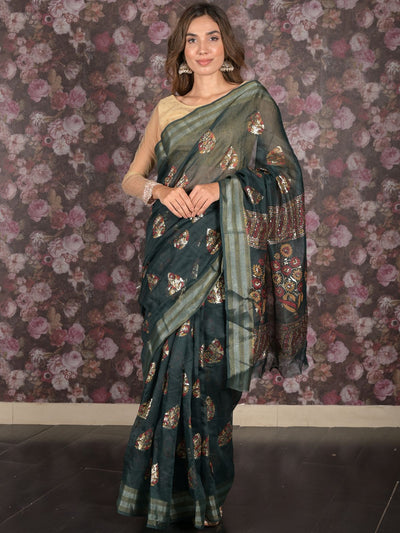 Odette Dark Green Block Printed Cotton Blend Saree with Unstitched Blouse for Women