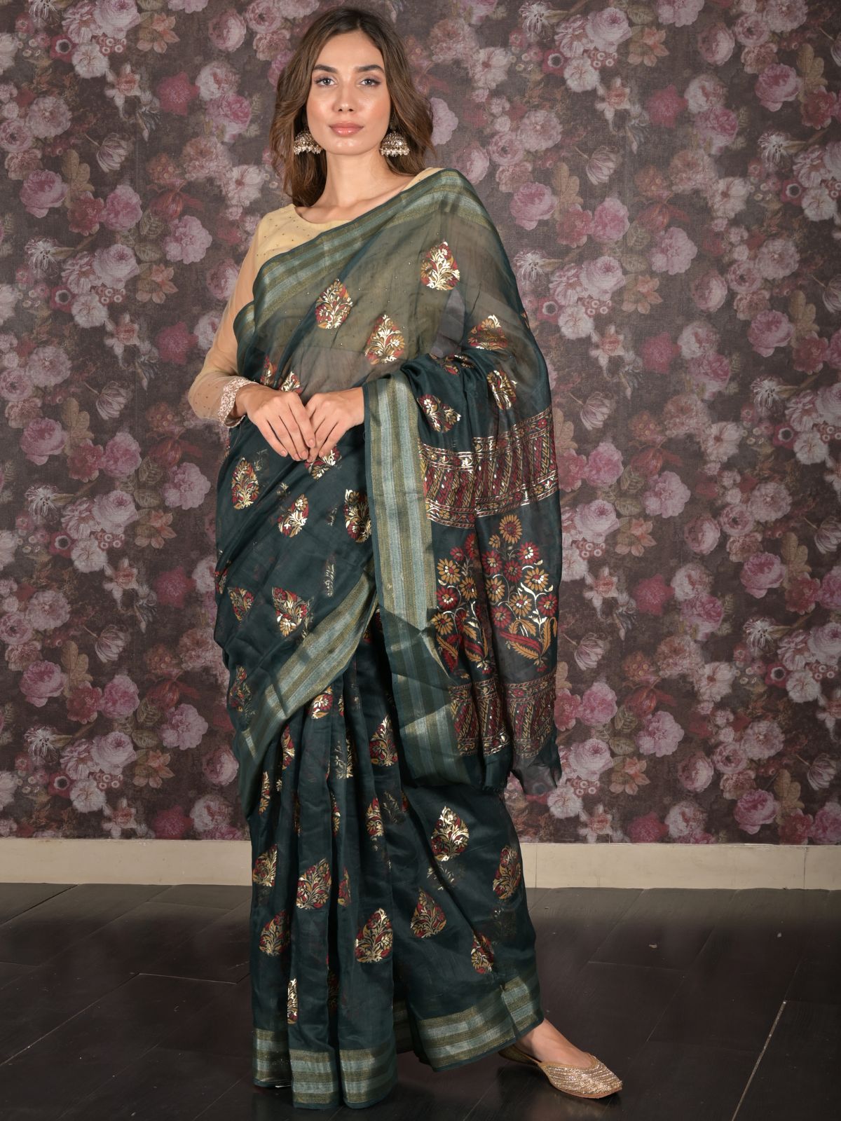 Odette Dark Green Block Printed Cotton Blend Saree with Unstitched Blouse for Women