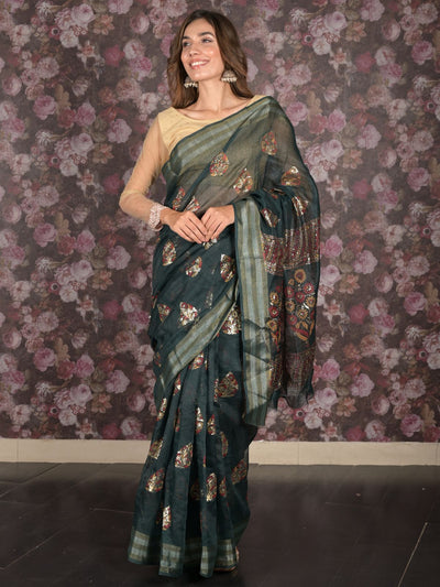 Odette Dark Green Block Printed Cotton Blend Saree with Unstitched Blouse for Women