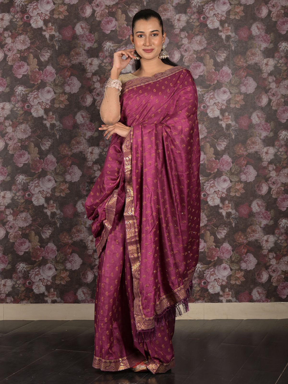 Odette Purple Block Printed Silk Blend Saree With Unstitched Blouse For Women