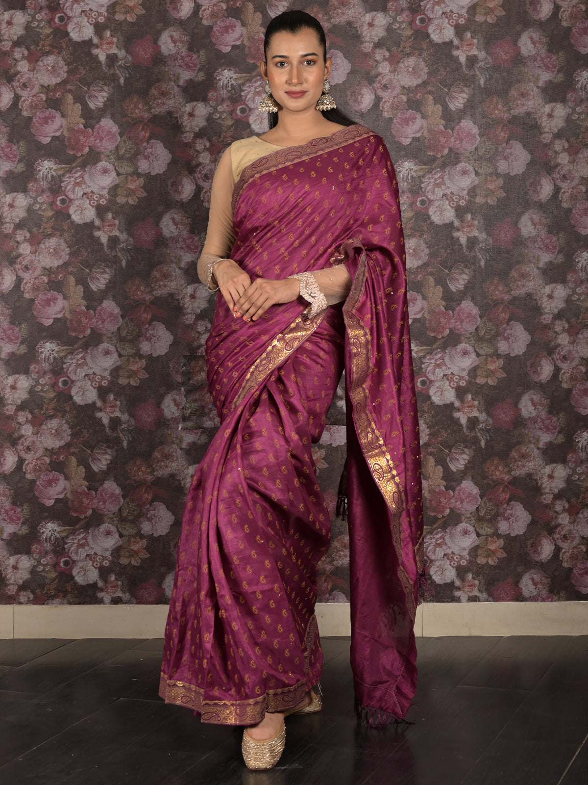 Odette Purple Block Printed Silk Blend Saree With Unstitched Blouse For Women