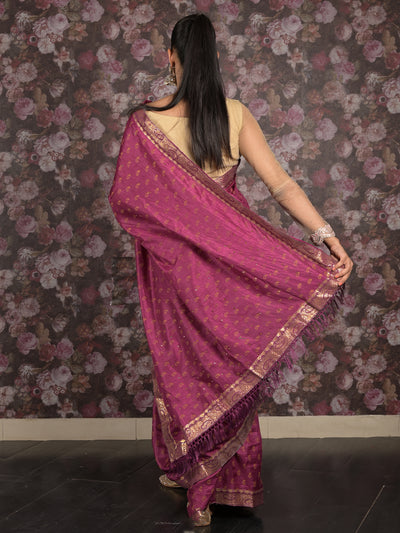 Odette Purple Block Printed Silk Blend Saree With Unstitched Blouse For Women