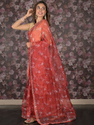 Odette Red Floral Printed Embroidered Organza Saree with Unstitched Blouse for Women